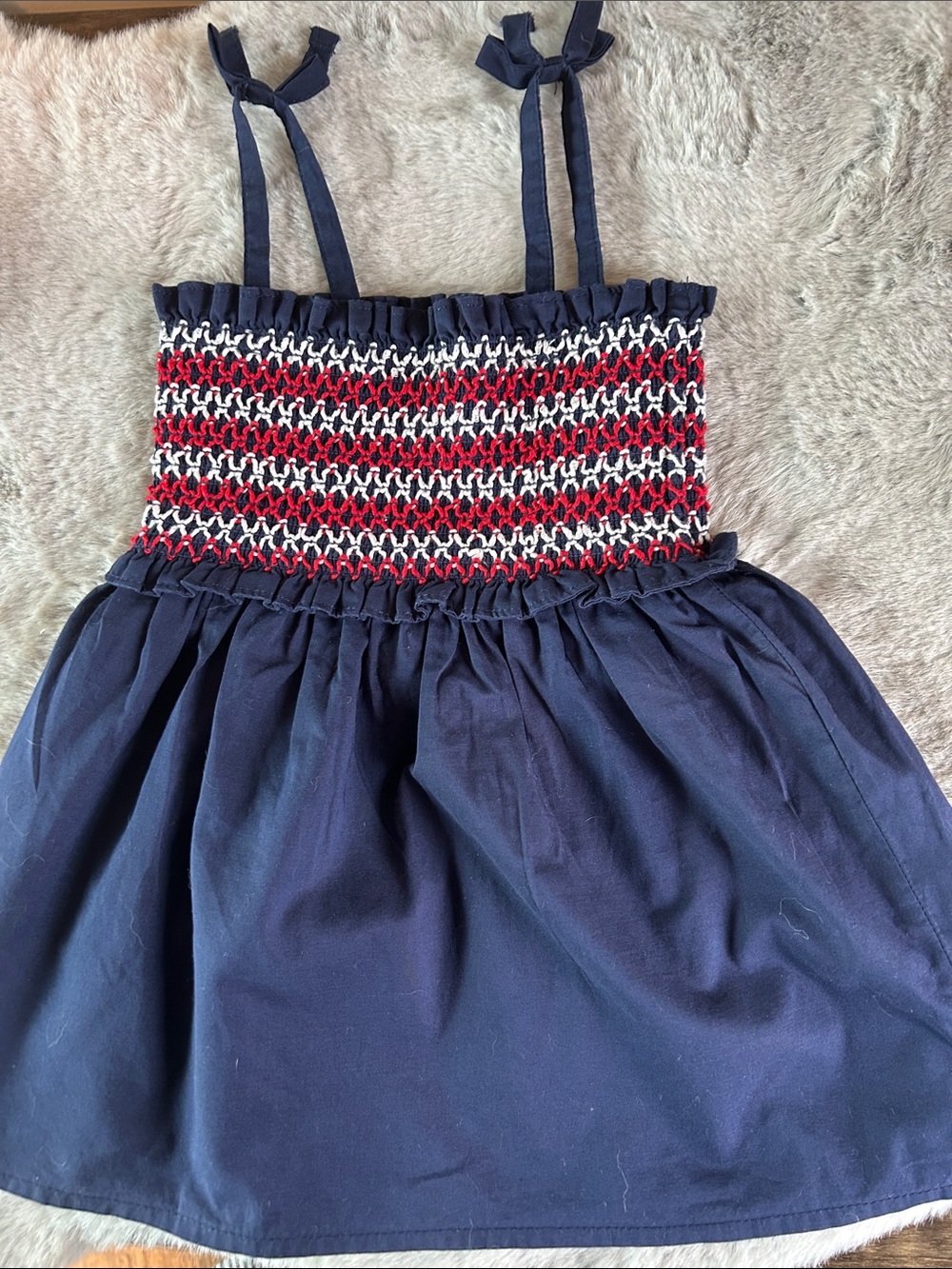 Janie and Jack Navy Dress with Red & White Smocked Bodice